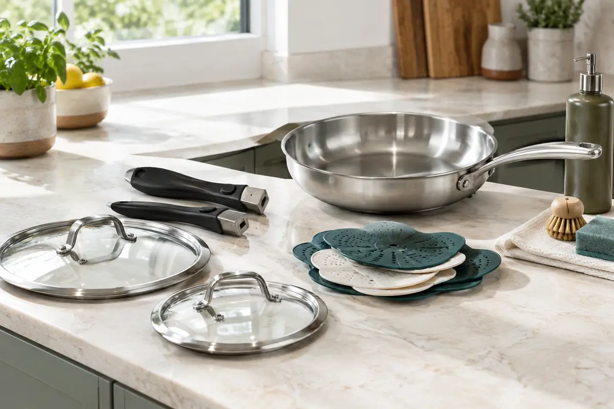 Accessoires de rangement et d’entretien disposés près d’une poêle en inox