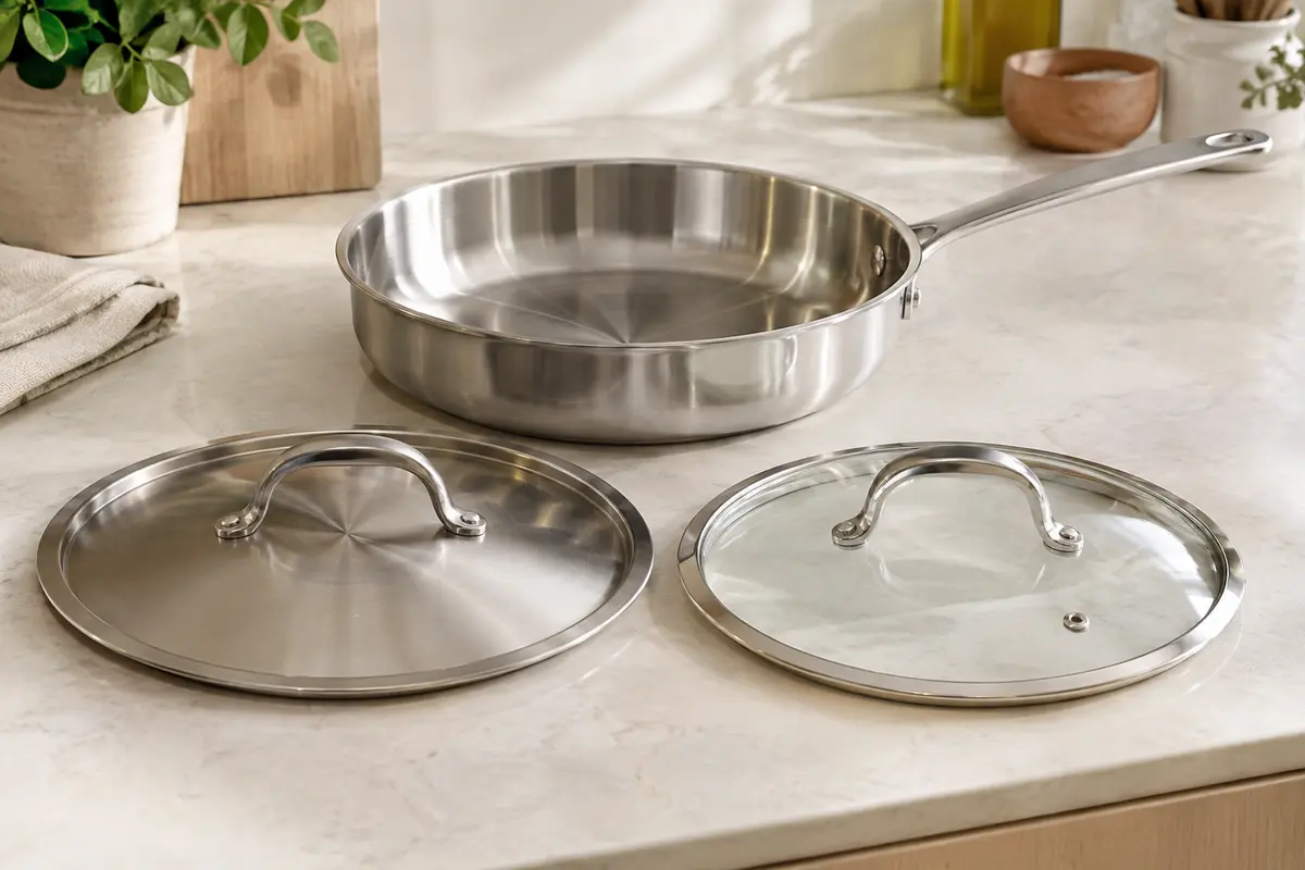 Couvercles en inox et en verre posés près d’une poêle en inox