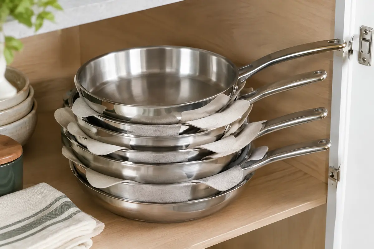 Intercalaires souples séparant des poêles en inox empilées dans un placard
