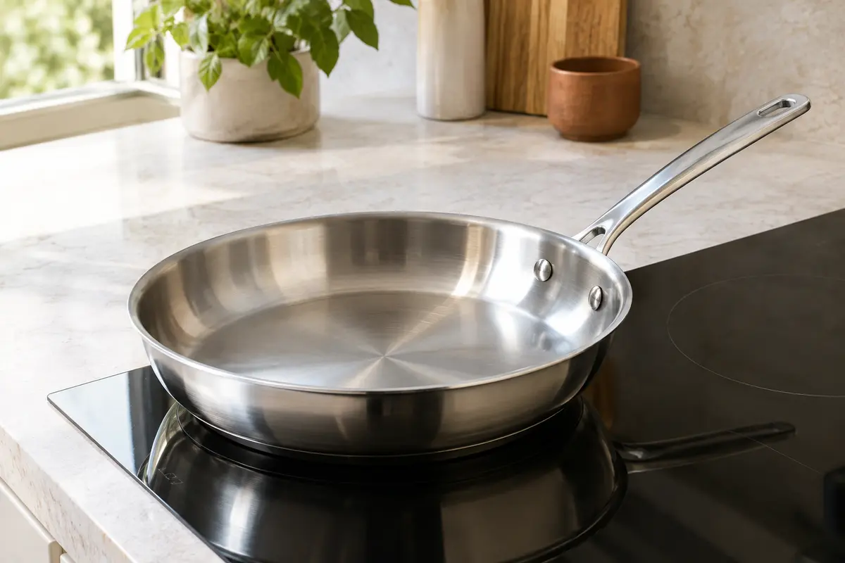 Poêle à frire en inox posée sur une plaque dans une cuisine lumineuse