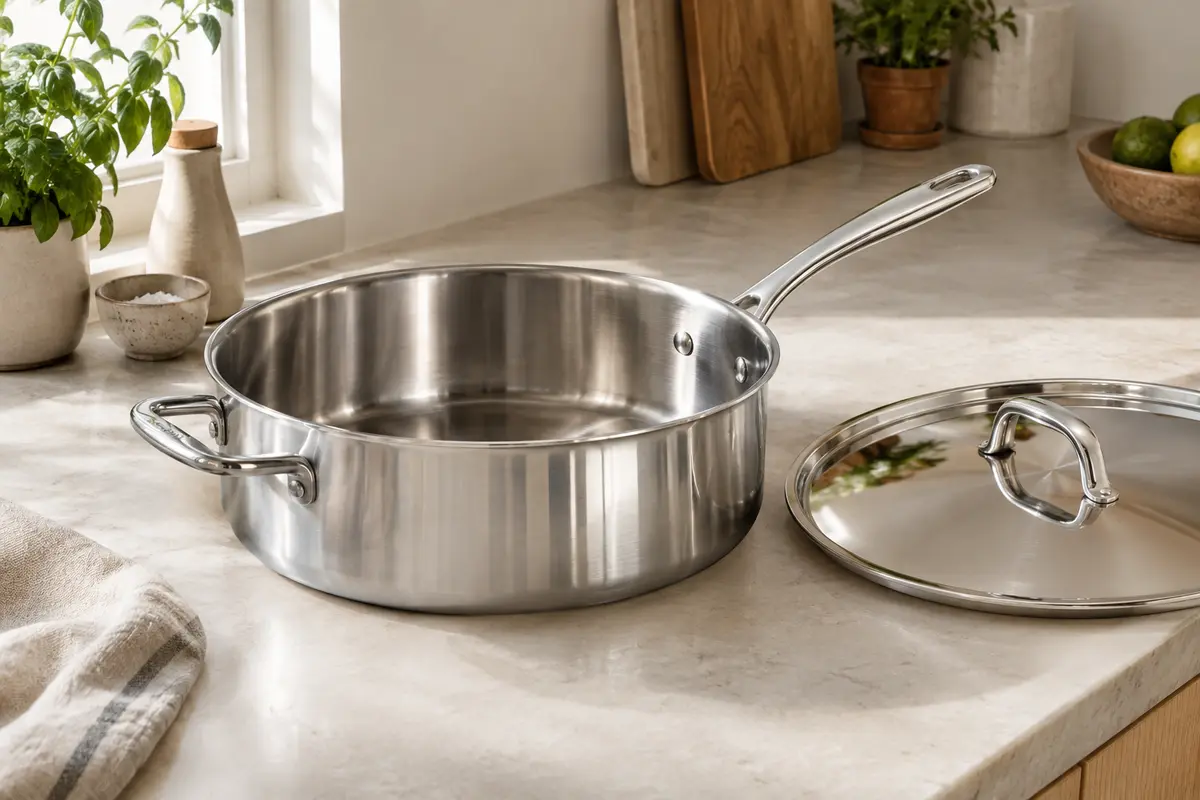 Sauteuse en inox à bords hauts accompagnée de son couvercle sur un plan clair