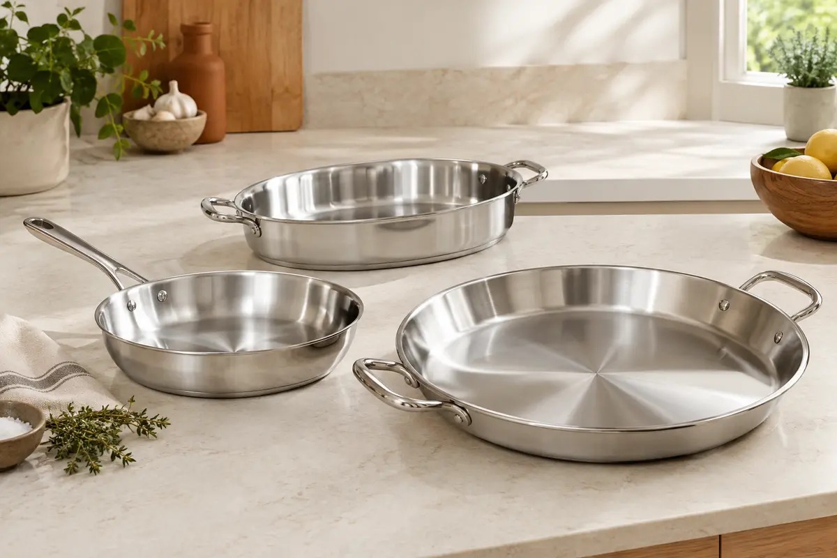 Poêles spécialisées en inox aux formes adaptées au poisson, aux crêpes et à la paella