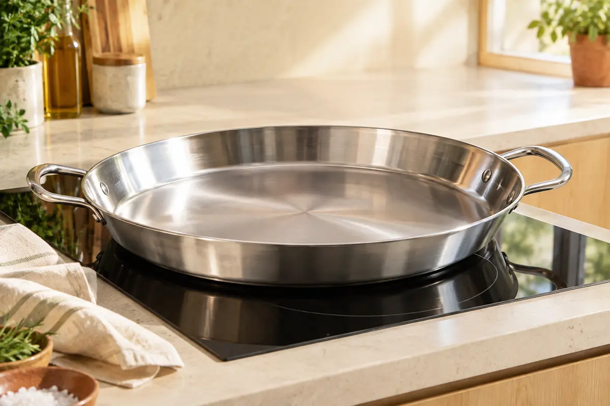 Large poêle à paella en inox avec poignées latérales sur une plaque