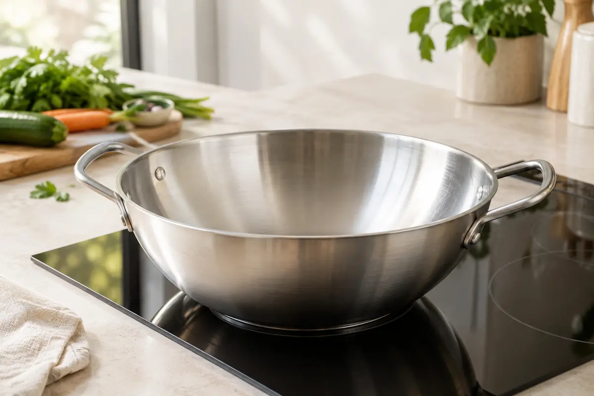 Wok en inox à fond plat posé sur une plaque de cuisson claire