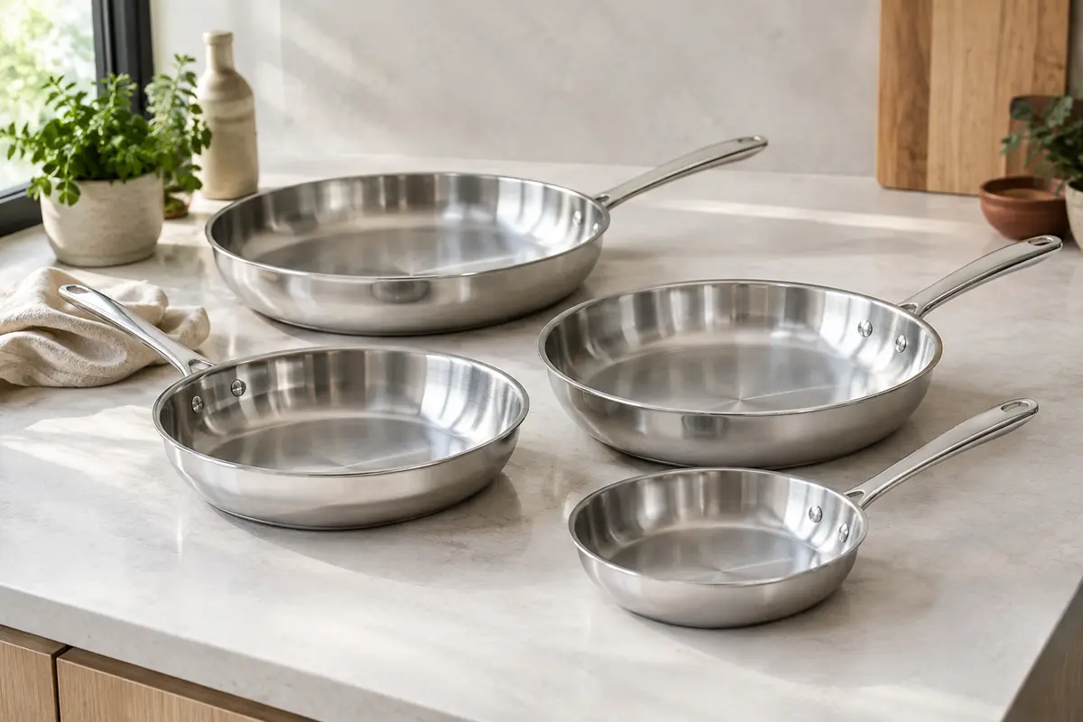 Sets de poêles en inox de plusieurs diamètres présentés dans une cuisine claire
