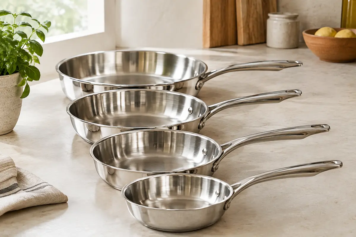 Set de poêles en inox de plusieurs tailles avec manches fixes