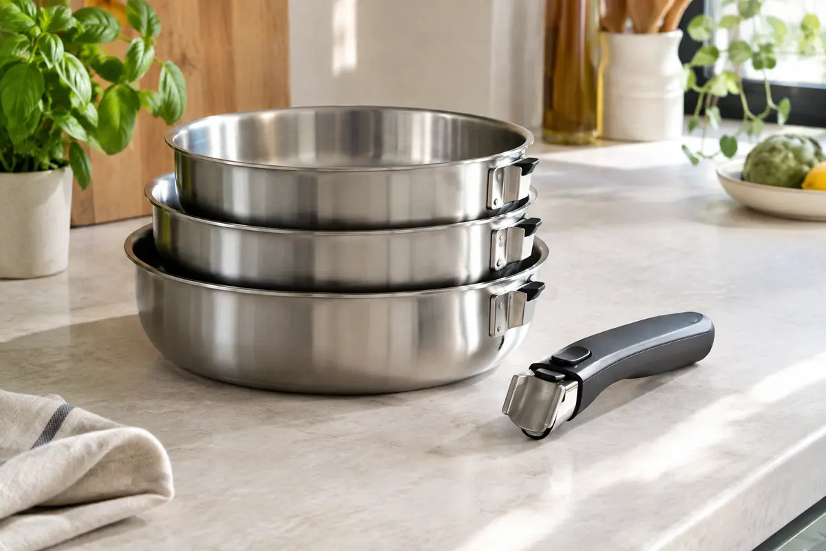 Set de poêles en inox empilées avec poignée amovible posée à côté