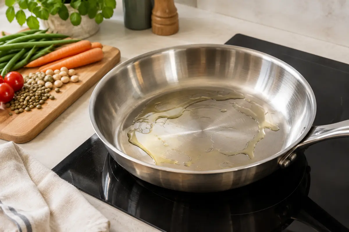 Poêle en inox préchauffée avec une fine couche d’huile, prête à recevoir des aliments secs.