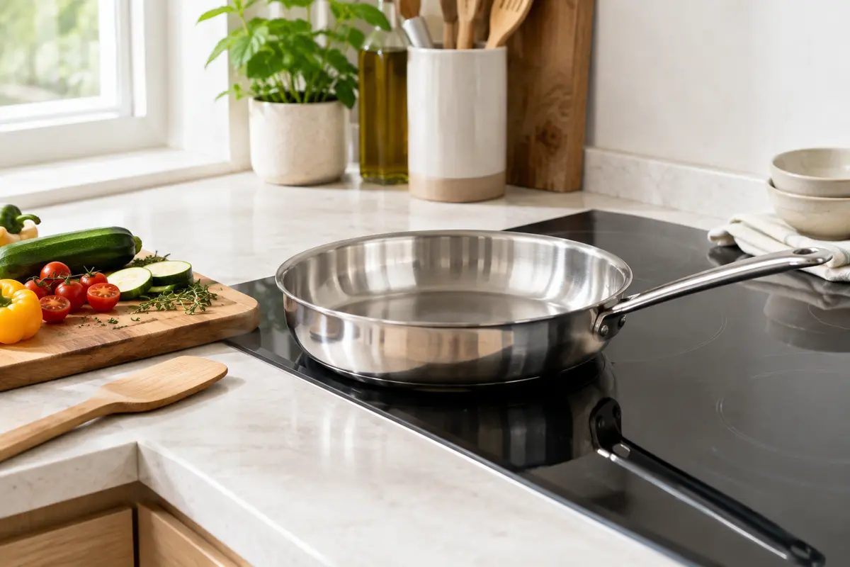 Poêle en inox posée sur une plaque de cuisson, avec légumes préparés et spatule en bois