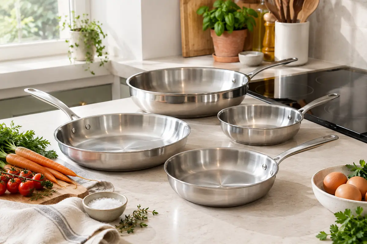 Assortiment de poêles en inox de plusieurs diamètres posé près d’une plaque de cuisson