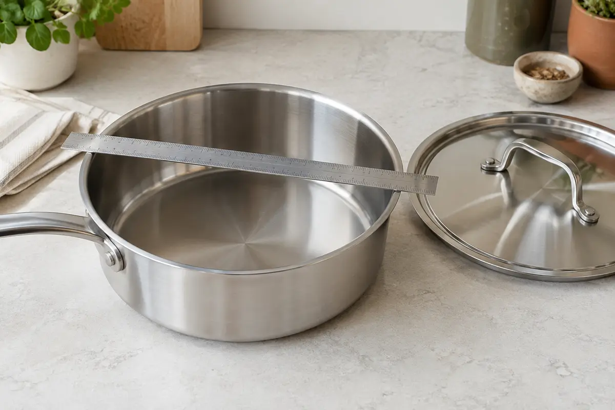 Une règle traverse l’ouverture d’une poêle en inox, avec un couvercle posé à côté.