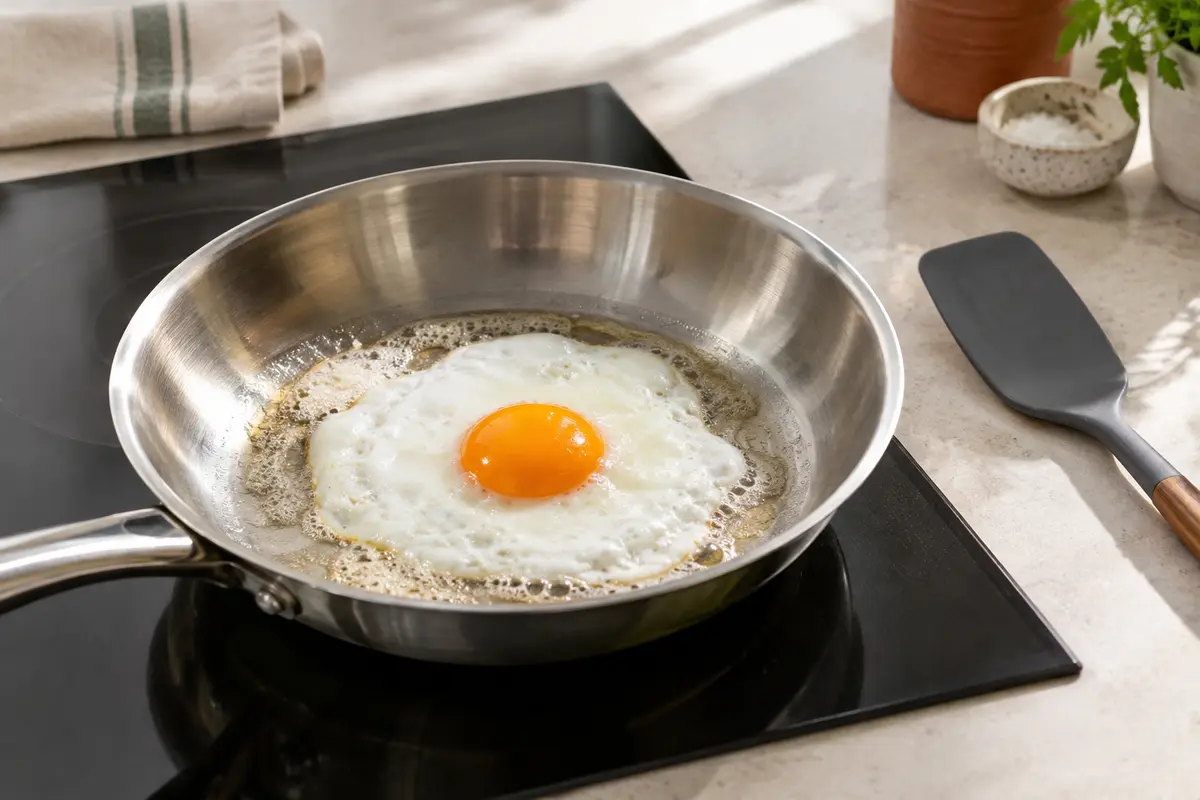 Œuf au plat au jaune intact dans une poêle en inox légèrement beurrée, avec une spatule posée à côté.