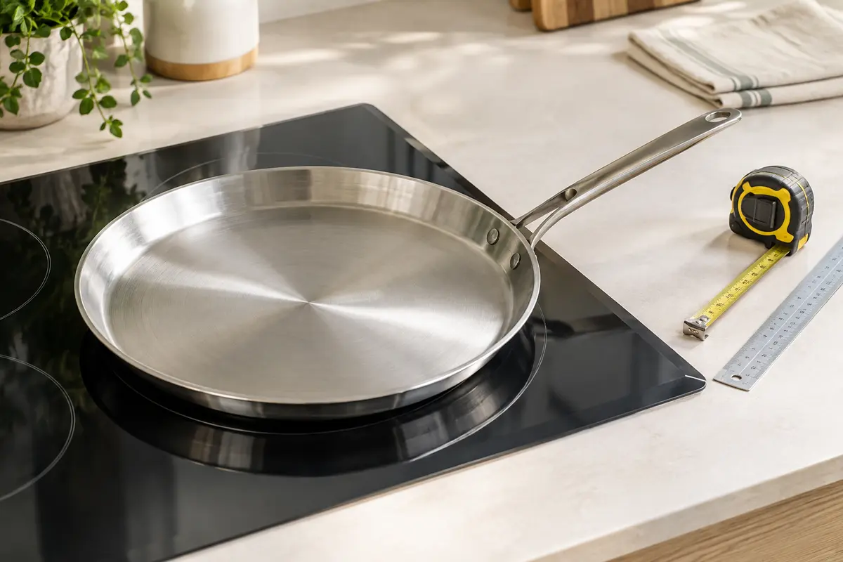 Poêle à crêpes en inox et outils de mesure posés près d’une plaque de cuisson