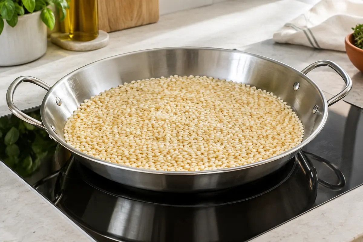 Poêle à paella en inox avec le riz réparti en couche régulière sur une plaque de cuisson.
