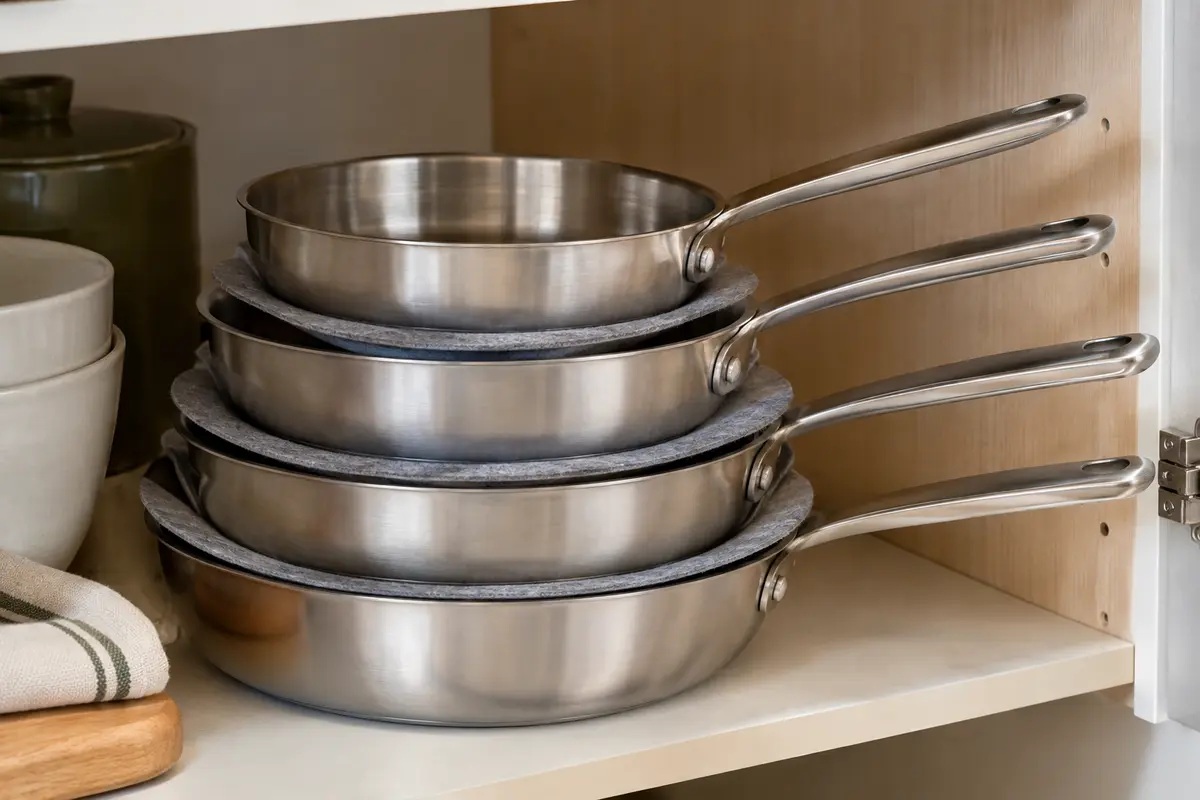 Poêles en inox empilées dans un placard avec des intercalaires en feutre entre chaque pièce