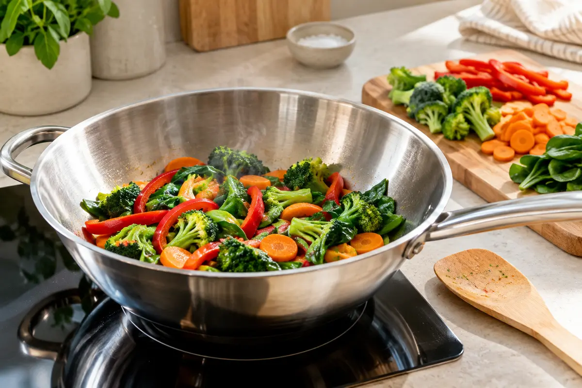 Wok en inox rempli de légumes sautés colorés, avec des morceaux distincts et encore croquants.