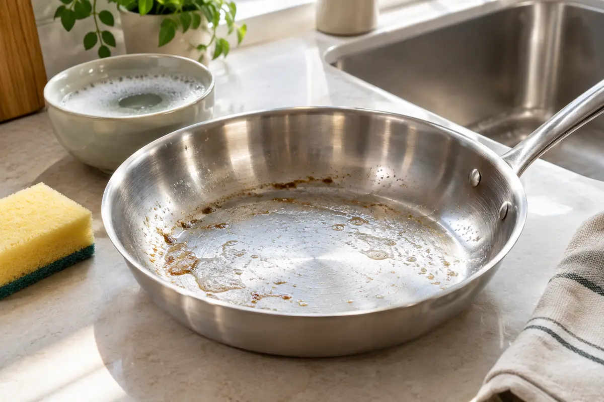 Poêle en inox avec une légère trace de cuisson, une éponge douce et un torchon pour le nettoyage
