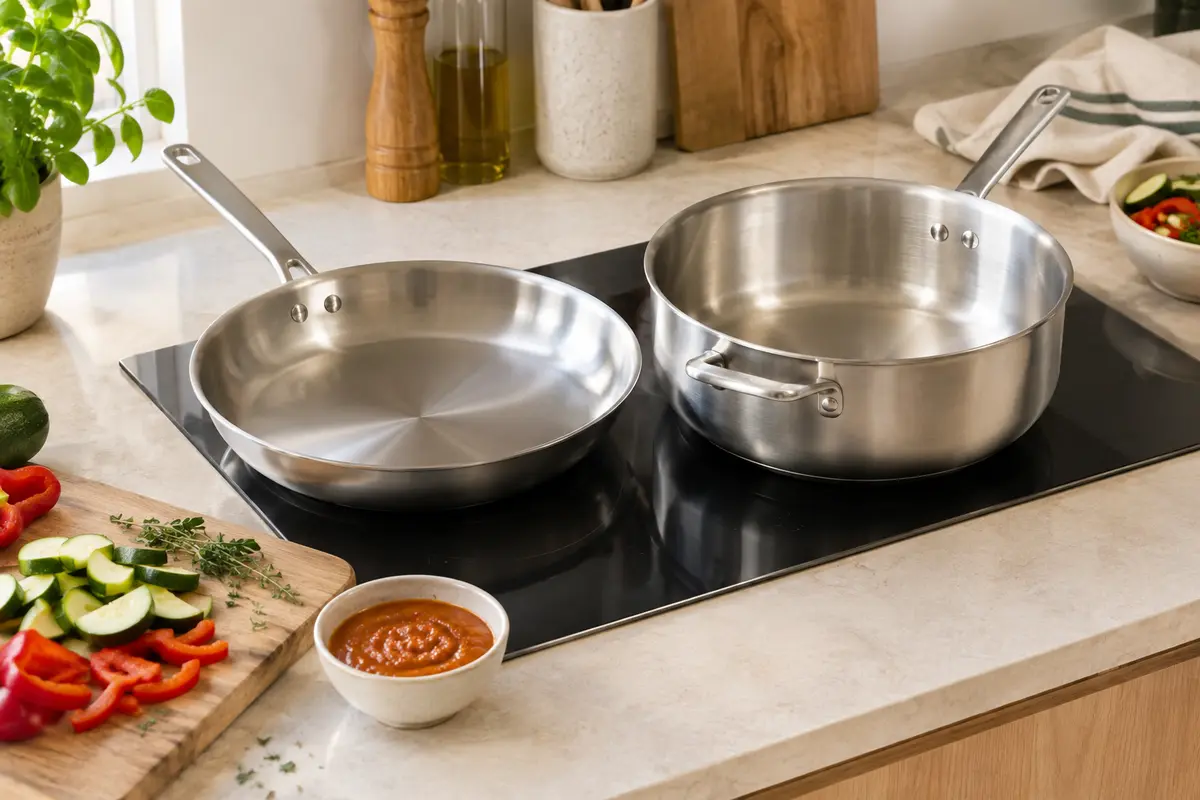 Poêle à frire en inox à bords bas et sauteuse profonde présentées côte à côte