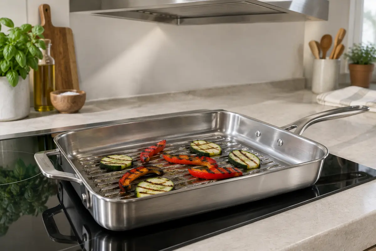 Poêle-gril en inox striée avec des légumes saisis, dans une cuisine équipée d’une hotte.