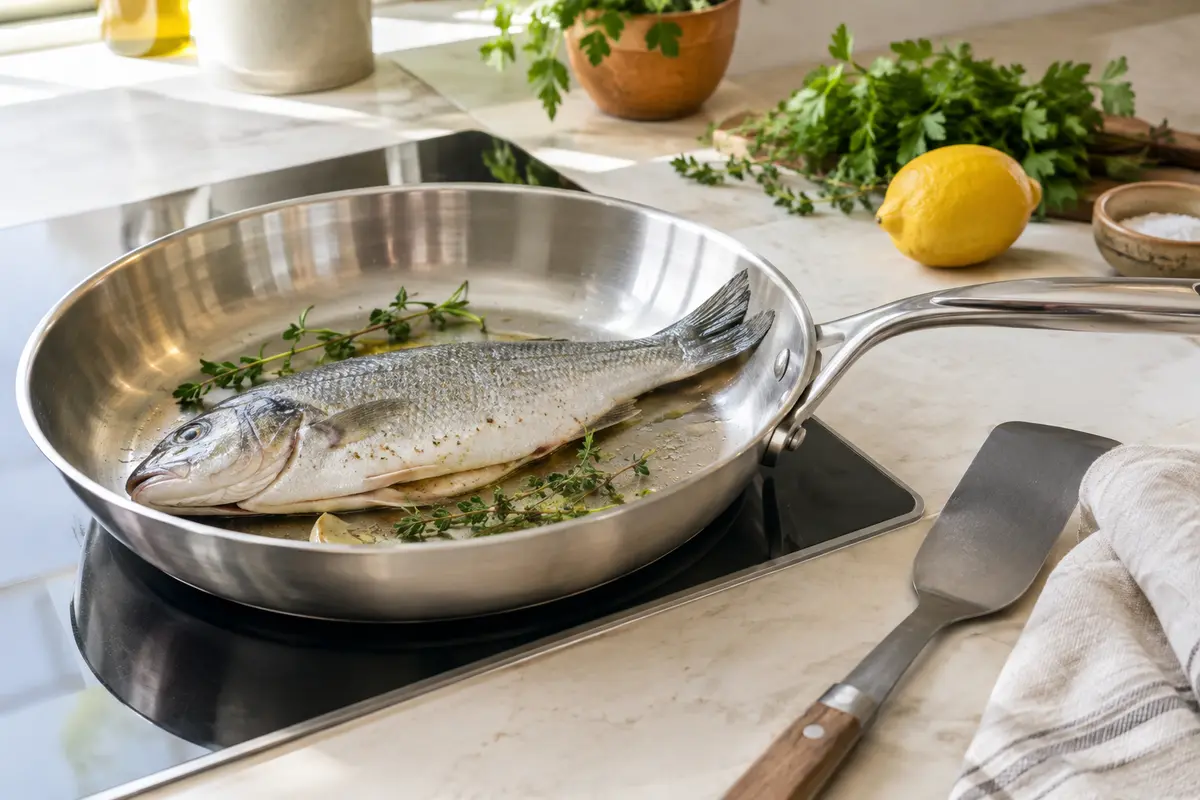 Filet de poisson posé à plat dans une longue poêle en inox, avec une spatule large à proximité.