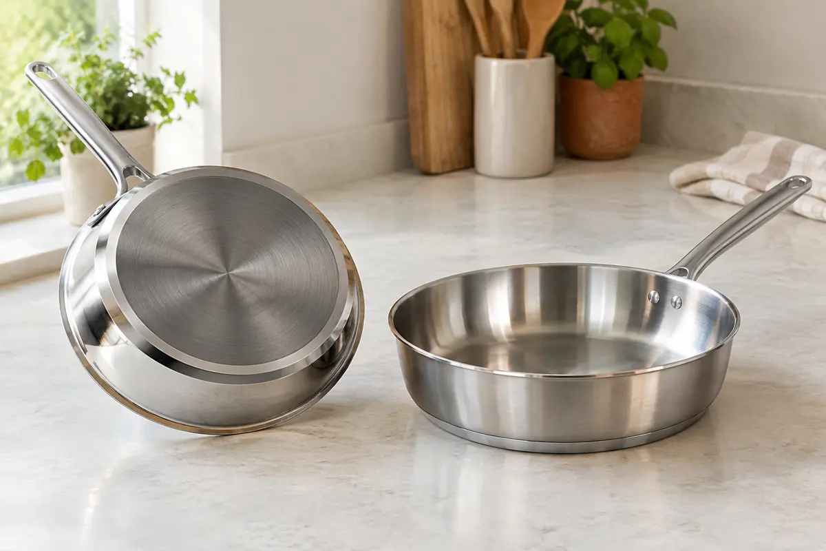 Deux poêles en inox côte à côte, l’une montrant son fond rapporté et l’autre sa construction multicouche