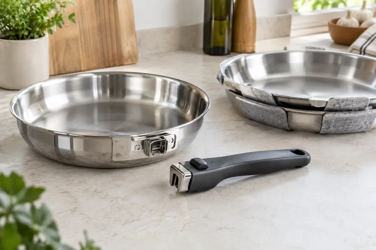 Poêle en inox avec poignée amovible détachée, point d’attache visible et intercalaire de rangement