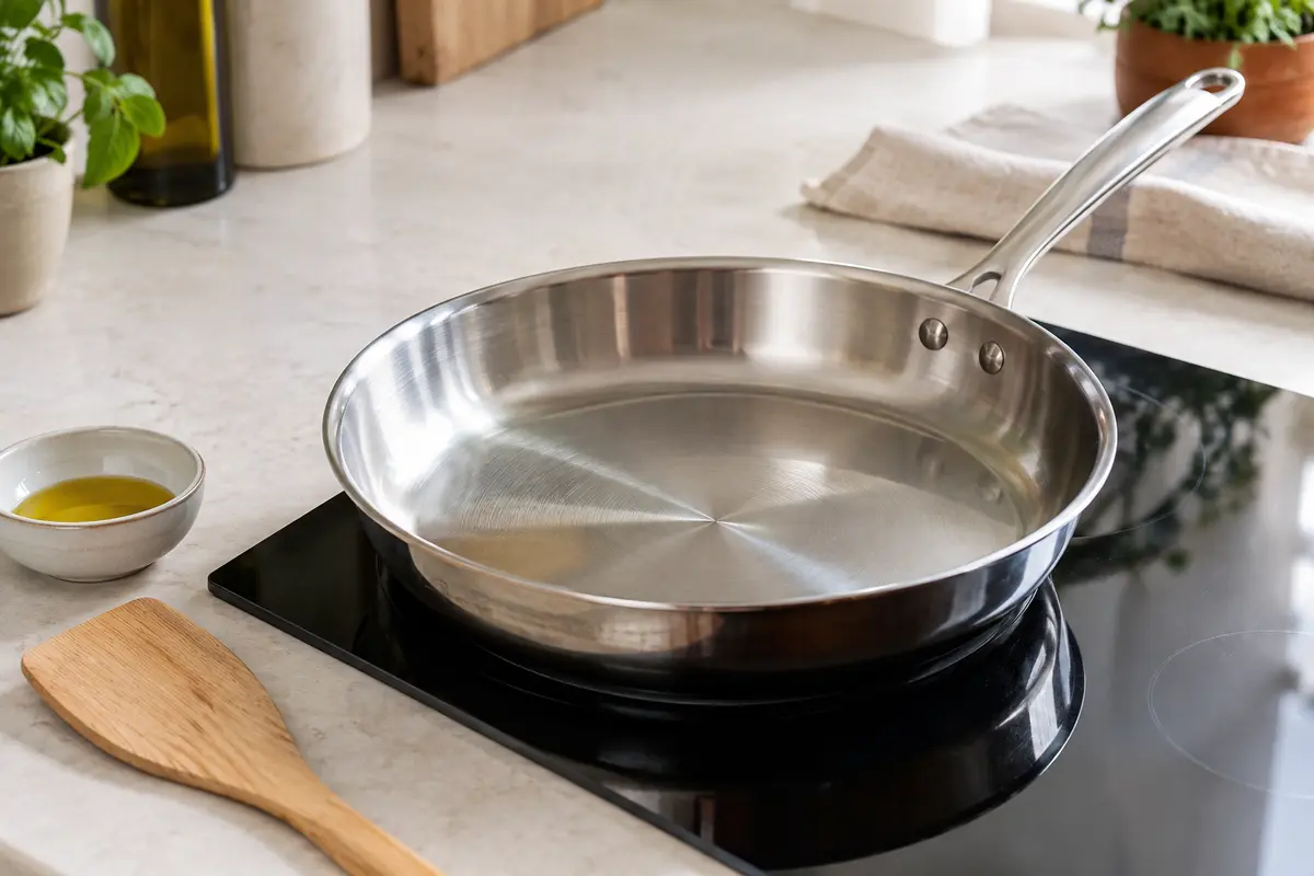 Poêle en inox préchauffée sur une plaque, avec une petite coupelle d’huile à proximité