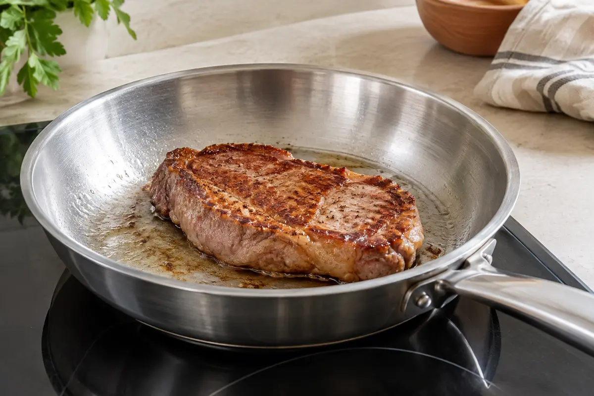 Morceau de viande dorant dans une poêle à frire en inox sur une plaque de cuisson