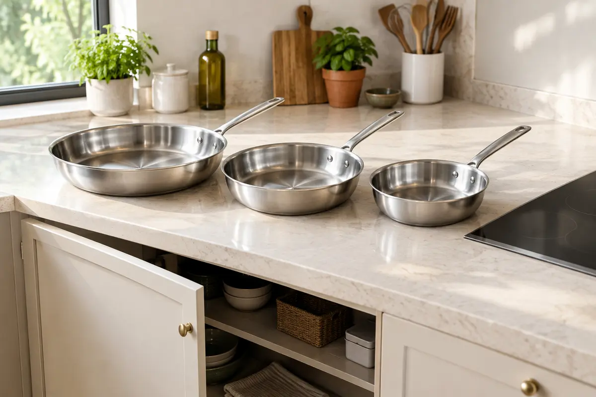 Trois poêles en inox de tailles différentes près d’une plaque et d’un placard de cuisine