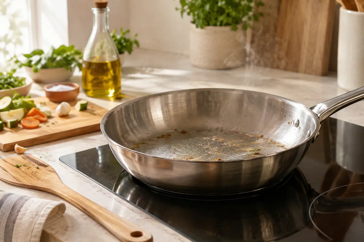 Poêle en inox sur une plaque, accompagnée d’huile et de légumes préparés pour une cuisson maîtrisée.