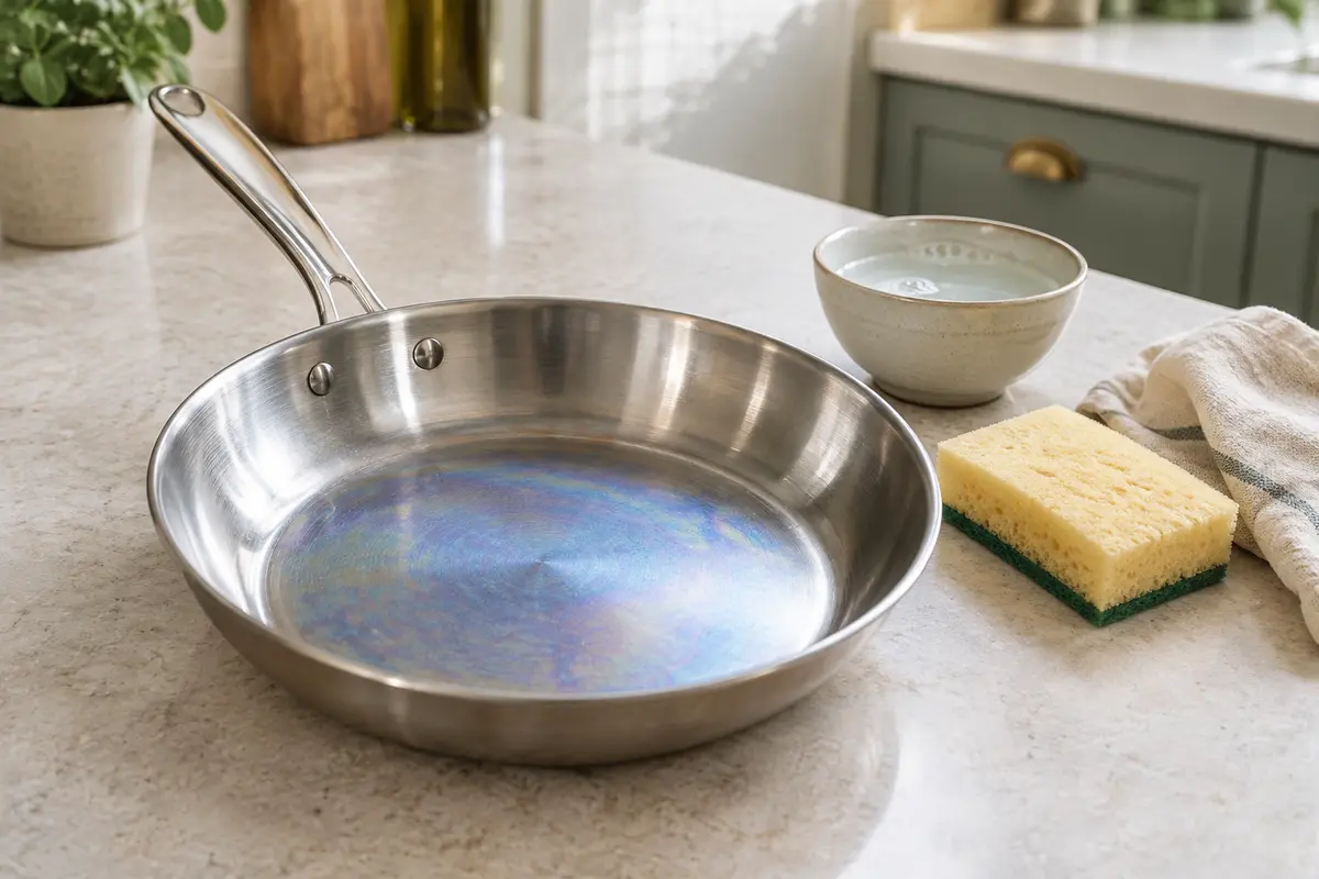 Poêle en inox présentant de légers reflets irisés, avec une éponge douce et un chiffon de nettoyage.