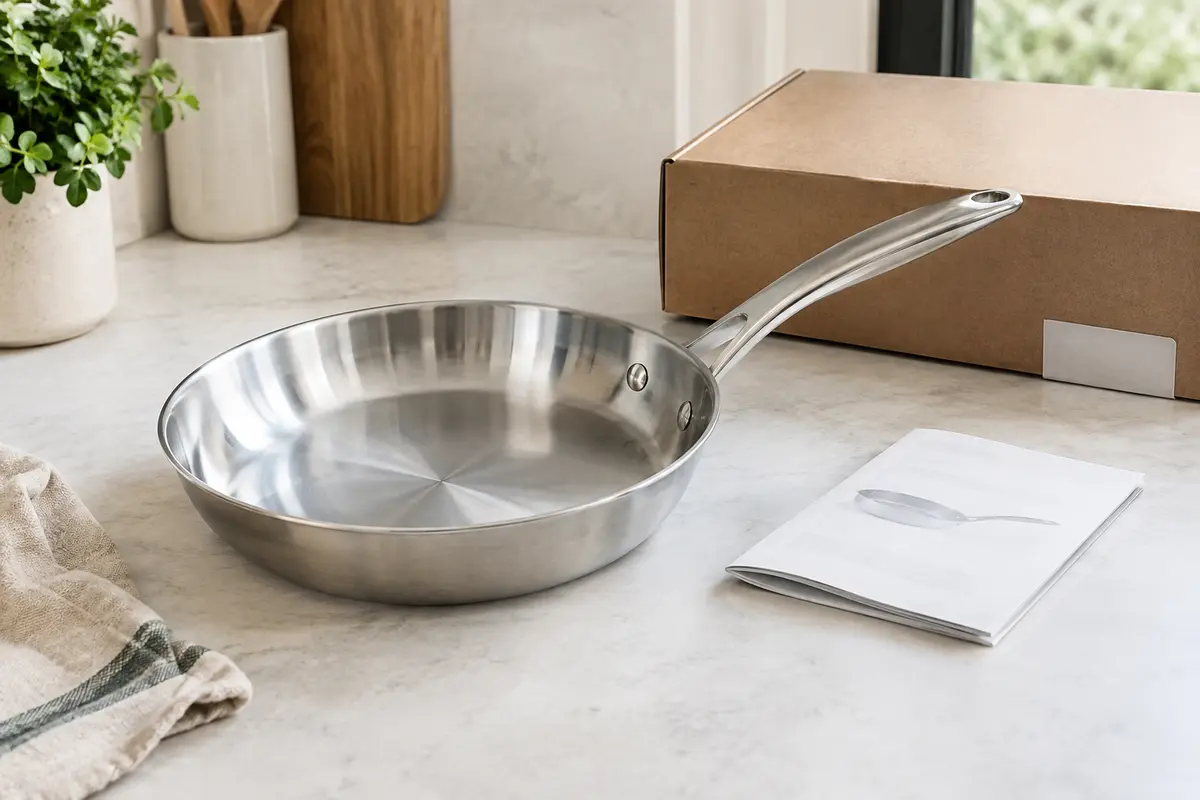Poêle en inox posée près de sa notice et de son emballage avant la première utilisation