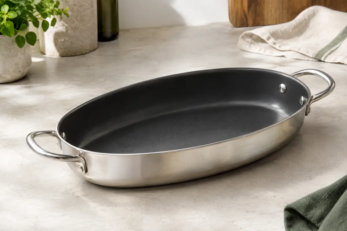 Poêle à poisson ovale en inox avec revêtement antiadhérent et deux anses latérales rivetées
