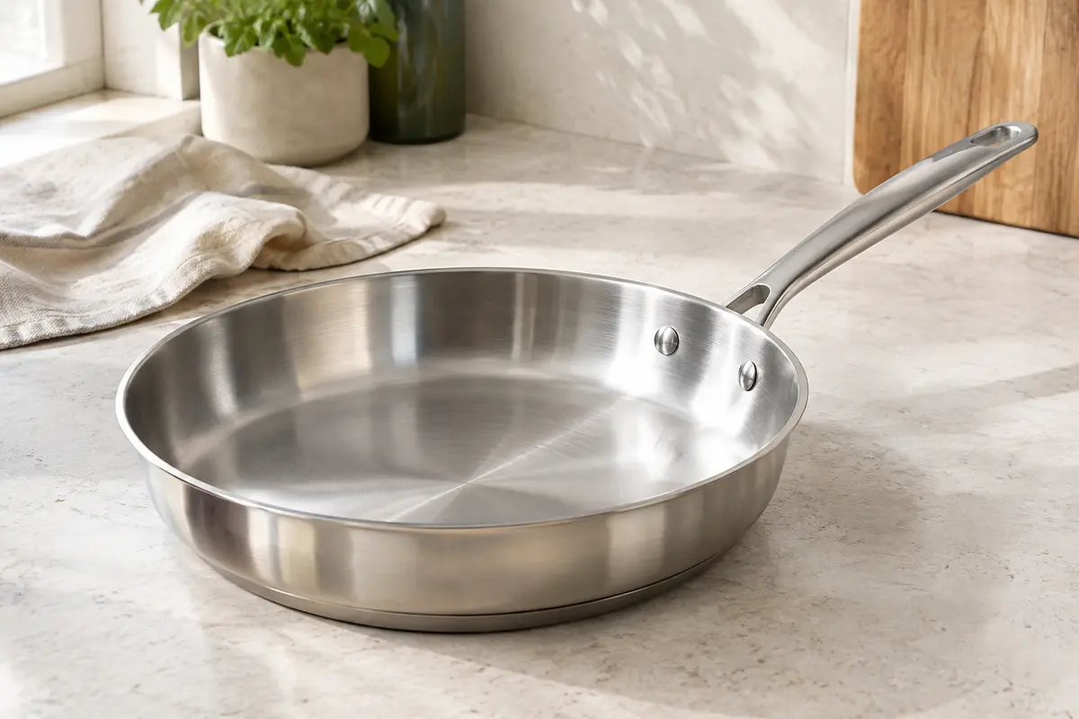 Poêle à frire Beka Chef en inox avec poignée rivetée, posée sur un plan de travail clair