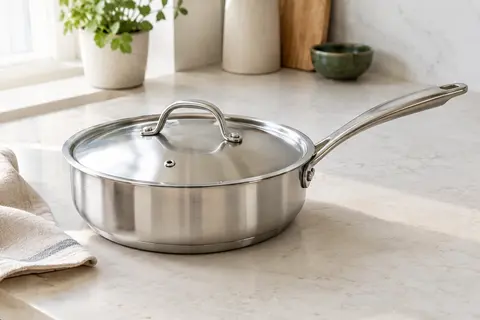Sauteuse Beka en inox avec couvercle et poignée rivetée, posée sur un plan de travail clair