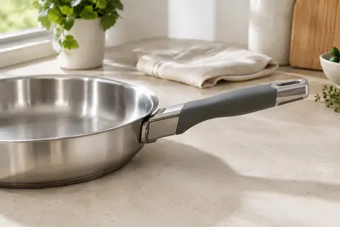 Poignée amovible grise en inox et bakélite fixée à une poêle dans une cuisine lumineuse.