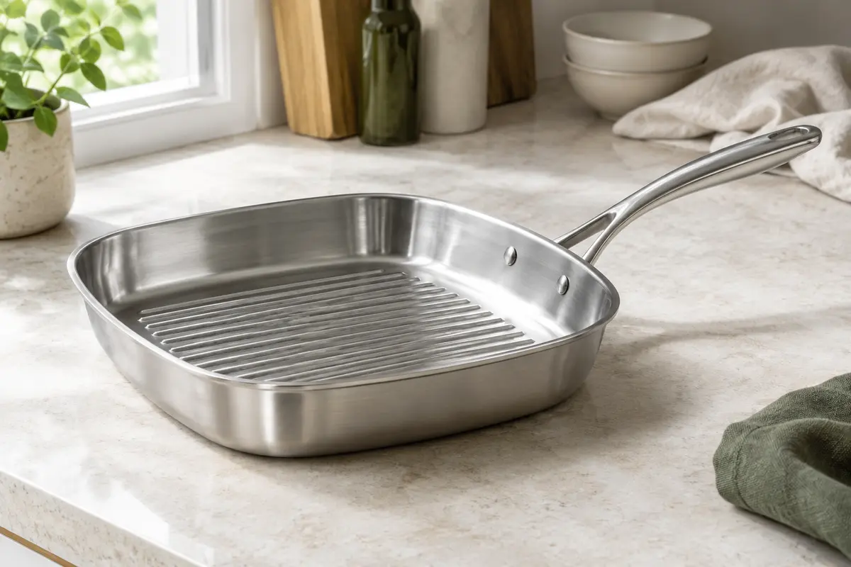 Poêle gril BRA en inox argenté avec surface striée et poignée ergonomique, posée sur un plan de travail clair.