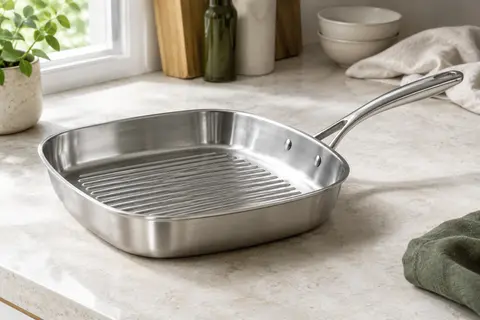 Poêle gril BRA en inox argenté avec surface striée et poignée ergonomique, posée sur un plan de travail clair.