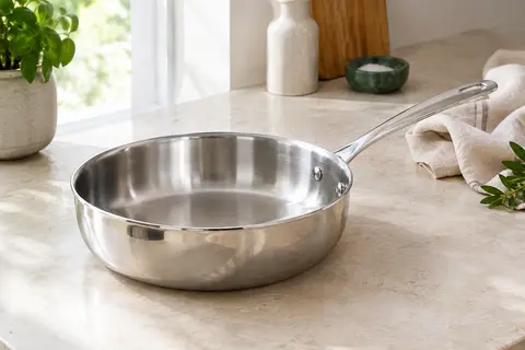 Sauteuse BRA en acier inoxydable posée sur un plan de travail clair dans une cuisine lumineuse