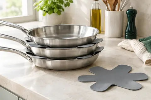 Protège-poêles gris en silicone intercalés entre des poêles empilées sur un plan de travail clair