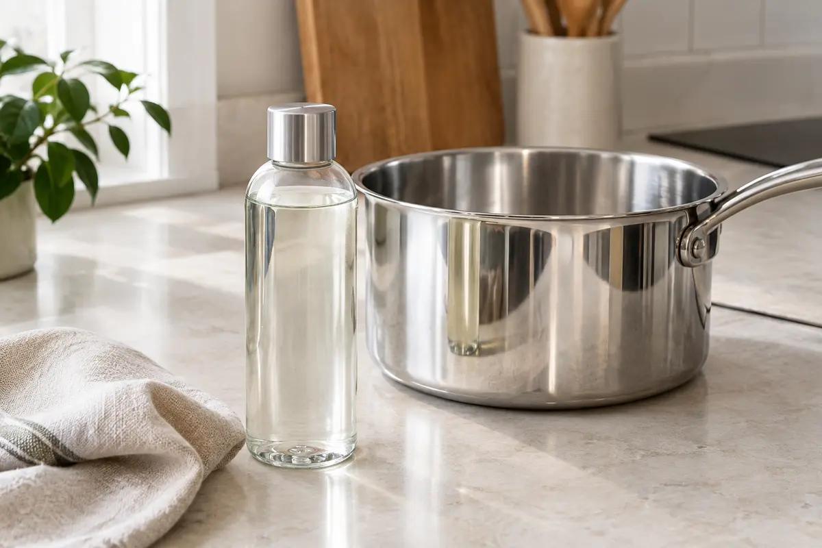 Flacon de nettoyant liquide pour inox posé près d’une casserole brillante sur un plan de travail clair.