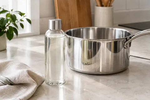 Flacon de nettoyant liquide pour inox posé près d’une casserole brillante sur un plan de travail clair.