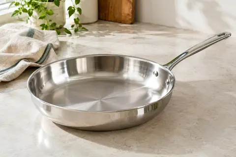 Poêle à frire ronde De Buyer en inox poli brillant posée sur un plan de travail clair