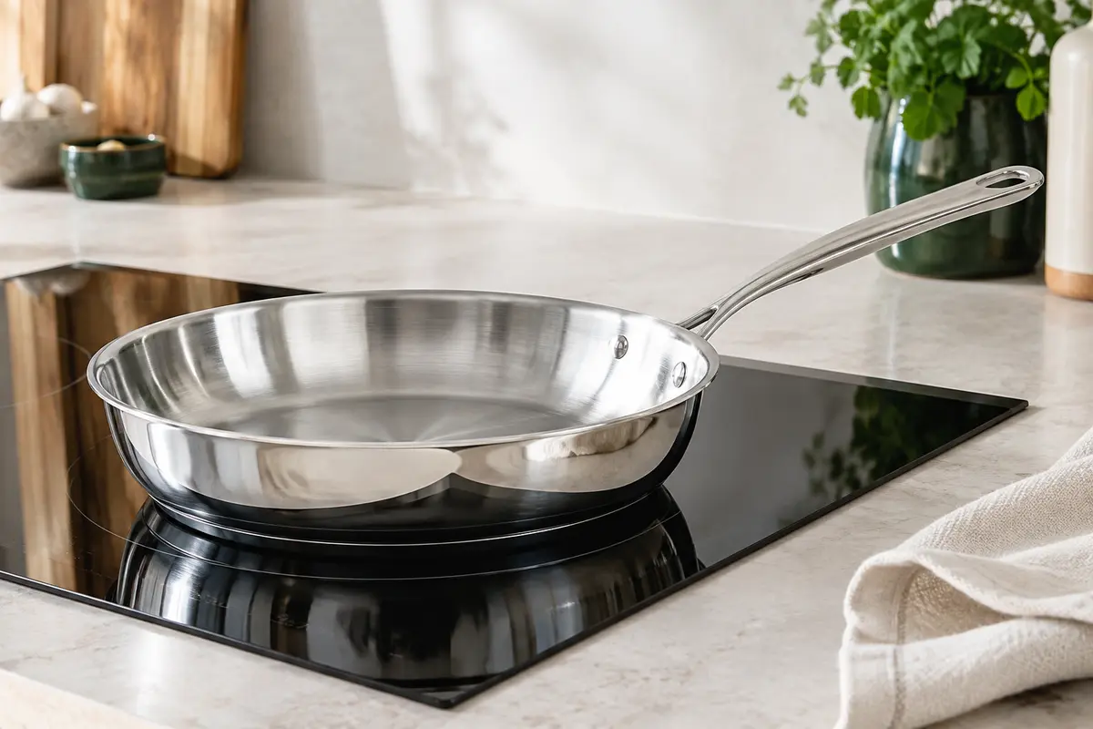 Poêle à frire De Buyer Milady en inox poli brillant avec poignée rivetée, posée sur une plaque à induction.