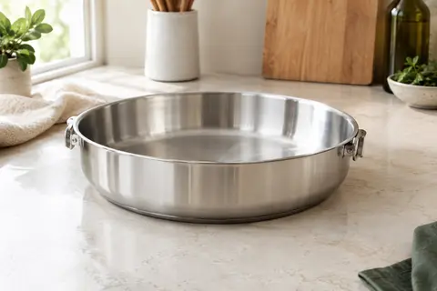 Poêle à frire De Buyer Milady Twisty en inox, sans monture, posée sur un plan de travail clair.