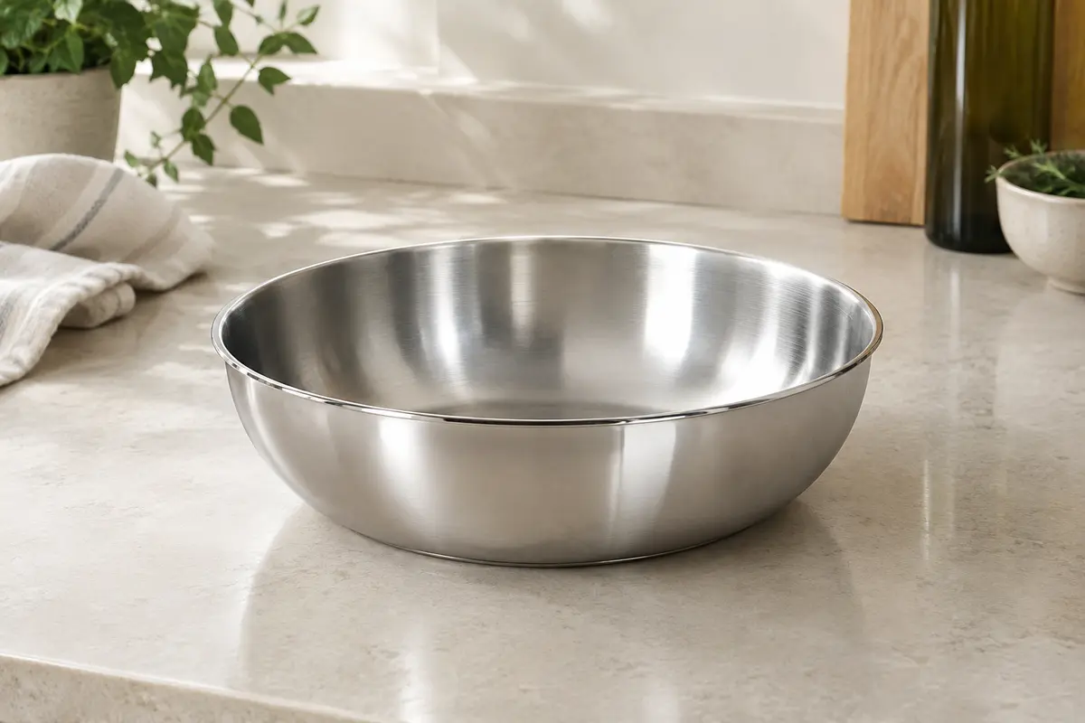 Sauteuse bombée De Buyer en inox argenté, sans poignée, posée sur un plan de travail clair