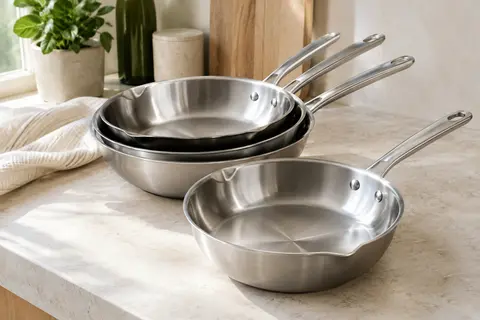 Set de trois poêles en inox sans revêtement, avec poignées rivetées, présenté dans une cuisine lumineuse.