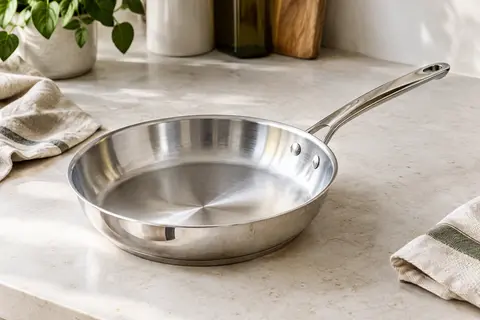 Poêle à frire Fackelmann en inox poli posée sur un plan de travail clair dans une cuisine lumineuse
