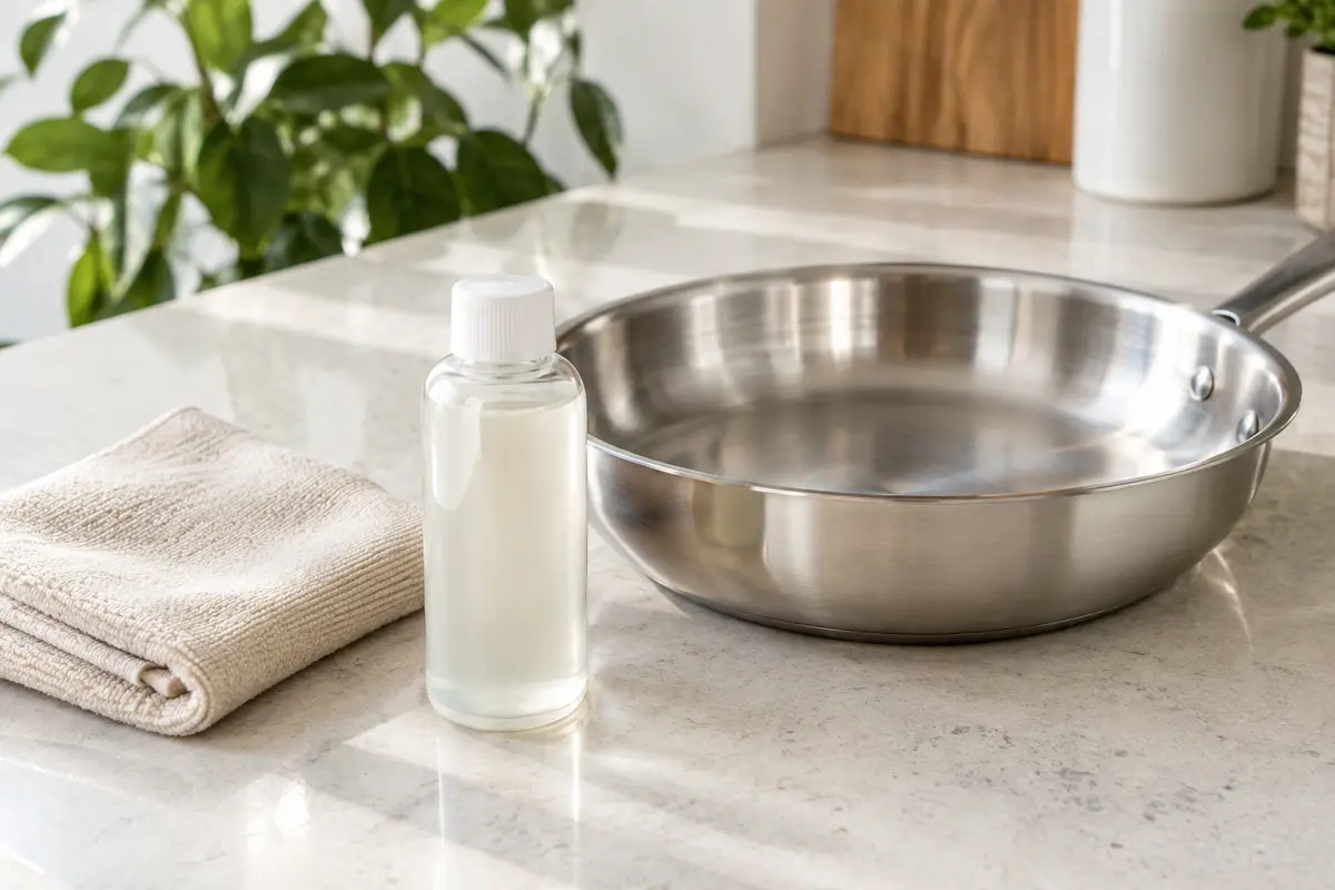 Flacon de lustrant liquide posé près d’une poêle en inox et d’un chiffon sur un plan clair