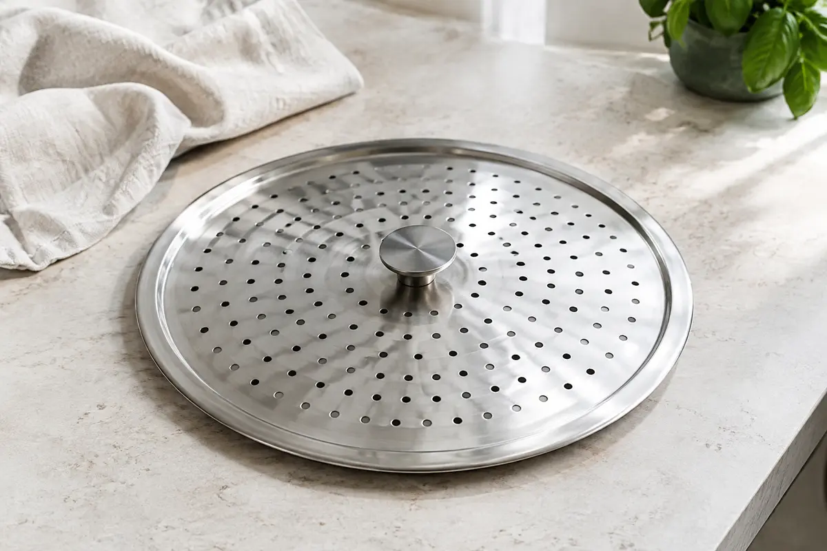 Couvercle rond en inox perforé posé sur un plan de travail clair dans une cuisine lumineuse